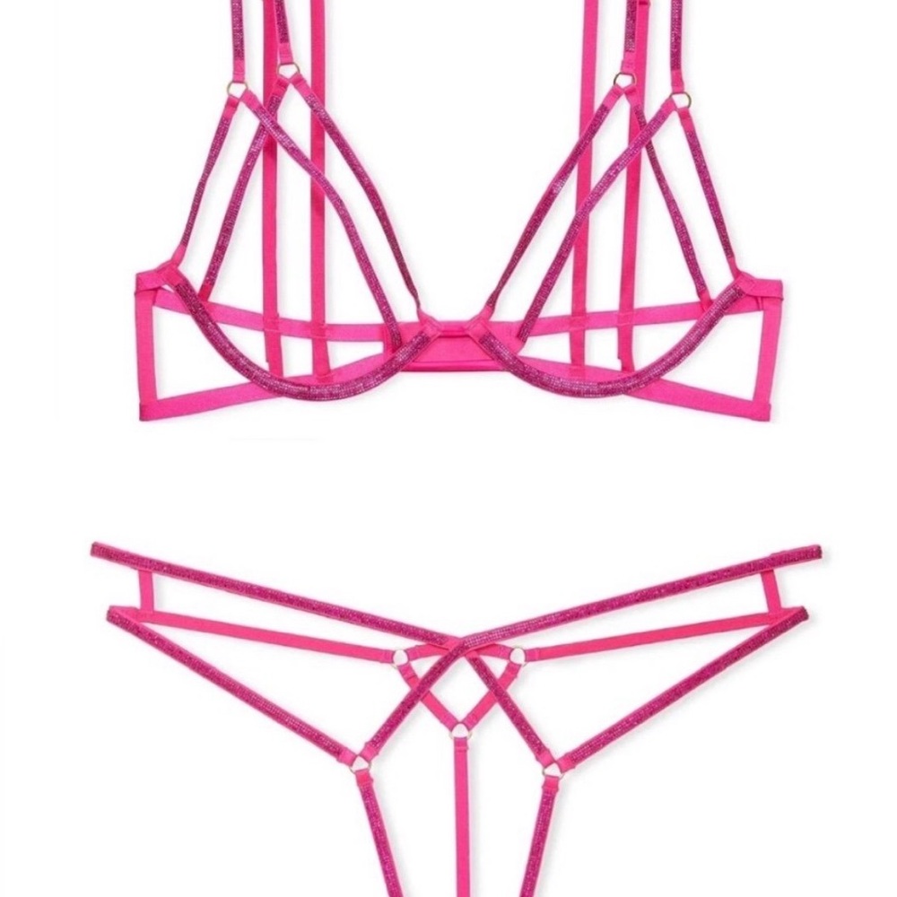 Victoria's Secret Shine Strappy Rhinestone Open-Cup Triangle Bra Set Size M